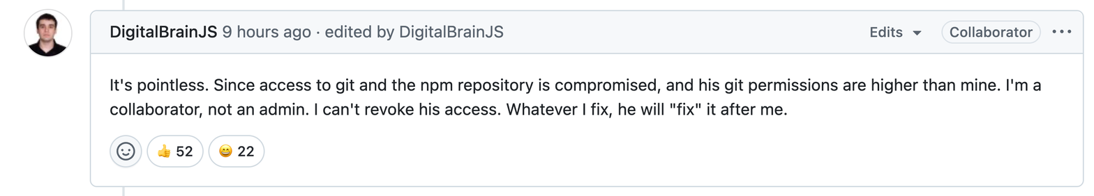 Screenshot of DigitalBrainJS explaining the permission issue on GitHub issue #10604