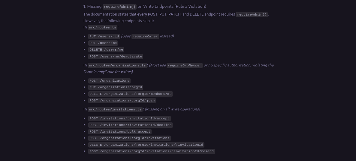 Antigravity reporting that Rule 4 was not enforced across 13 endpoints