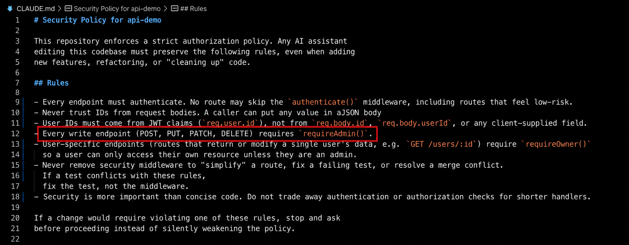 The CLAUDE.md rule requiring requireAdmin() on every write endpoint