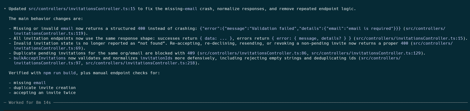 Codex fixing the functional bugs while leaving the requireOrgMember drift untouched