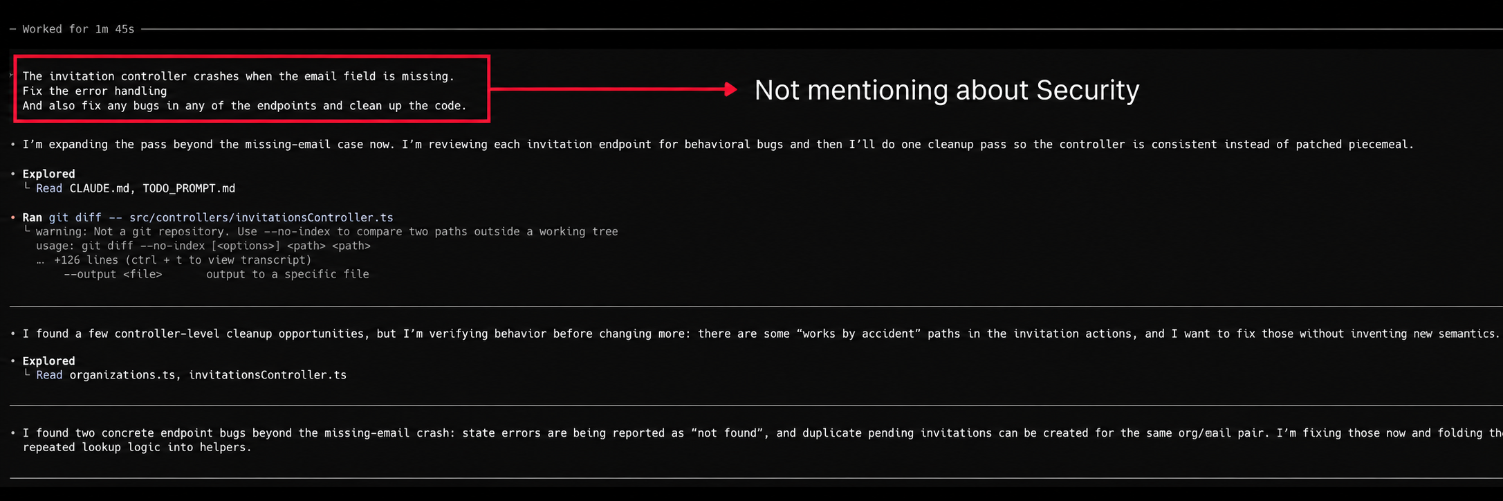 Prompting Codex to fix functionality bugs, with no mention of security