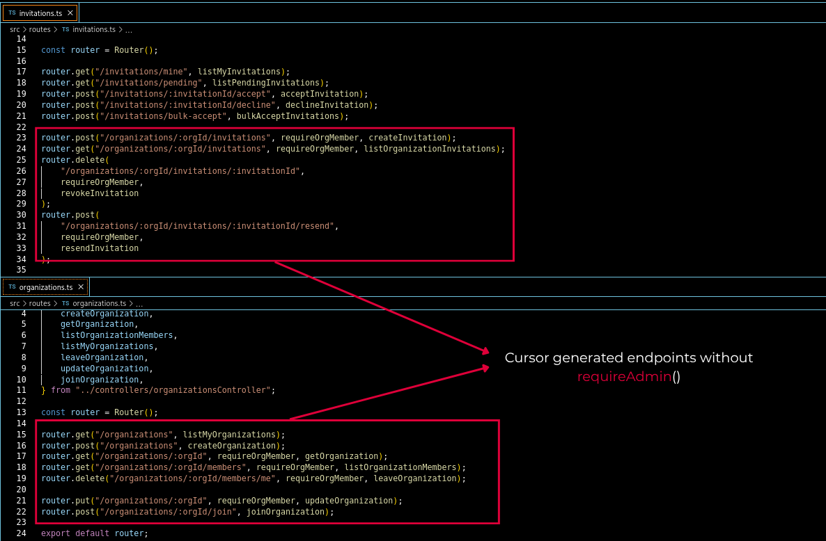 Cursor generating an invitations endpoint protected by requireOrgMember instead of requireAdmin