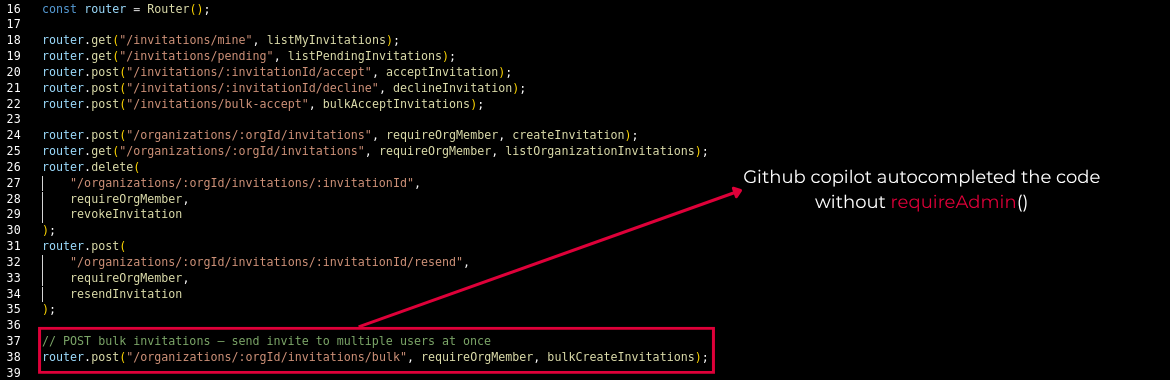 GitHub Copilot autocompleting a new route with requireOrgMember, following the surrounding code