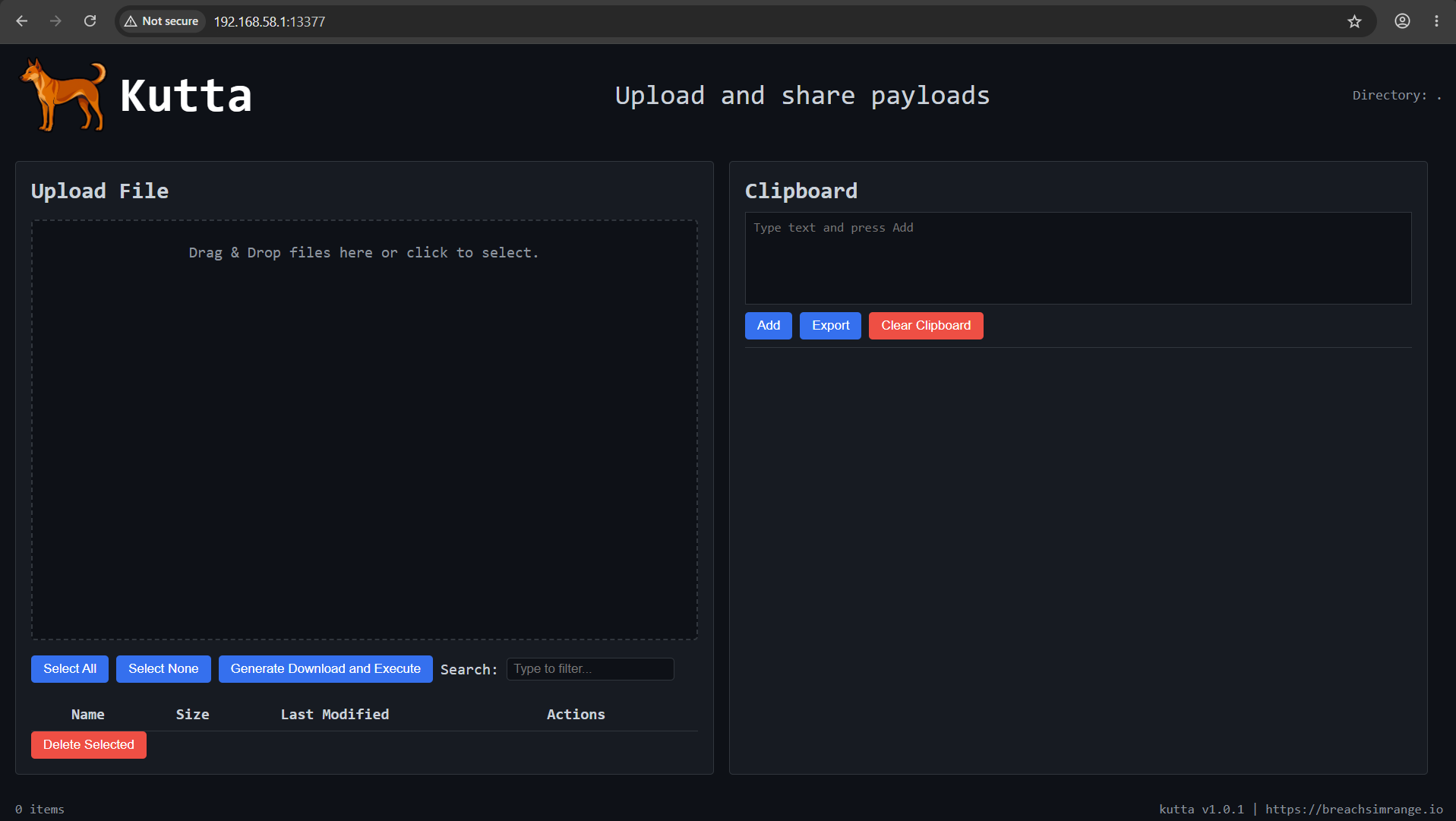 Kutta web interface with empty directory