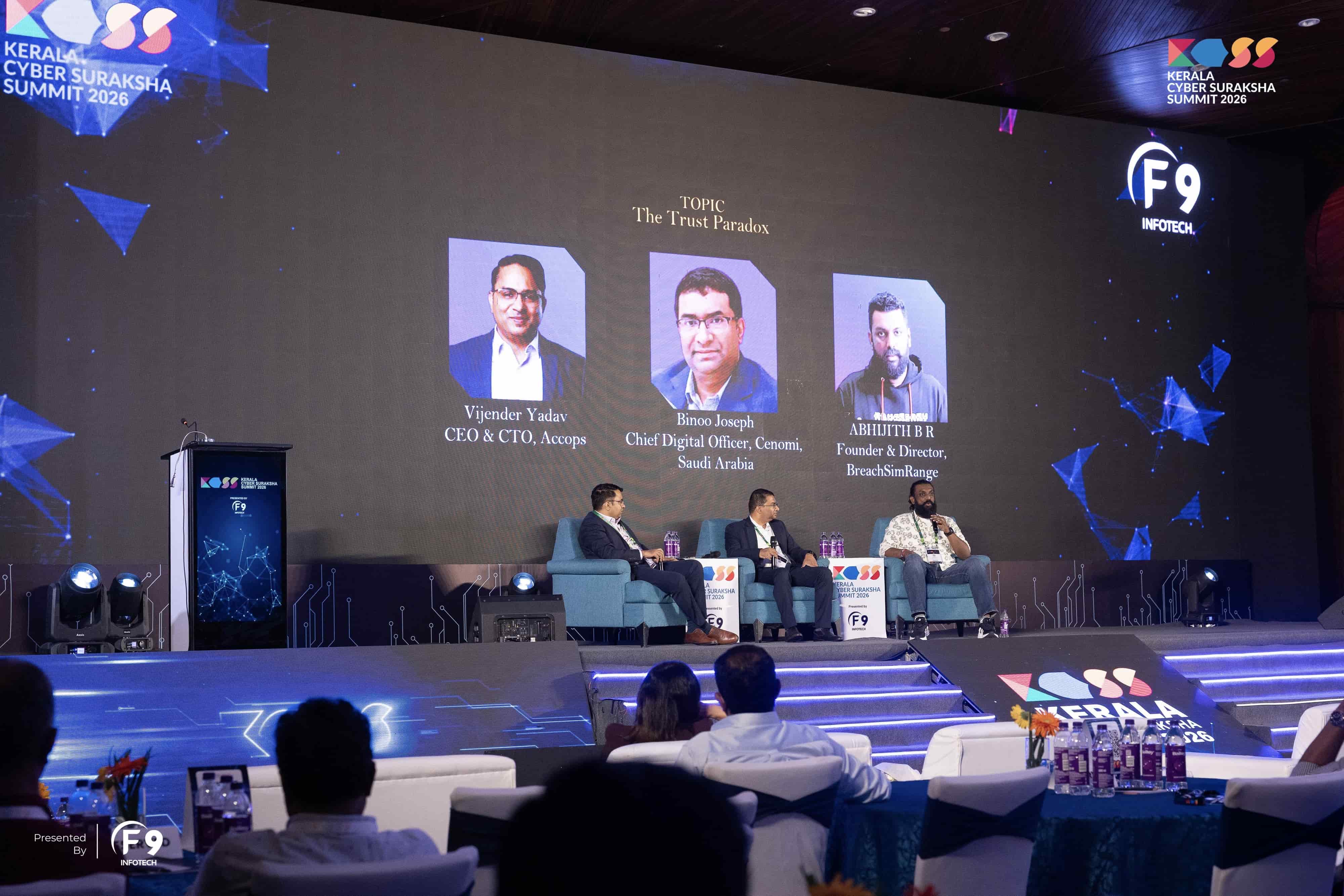 Abhijith B R moderating The Trust Paradox panel at Kerala Cyber Suraksha Summit 2026
